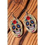 Halloween Skull Floral Print PU Leather Earrings