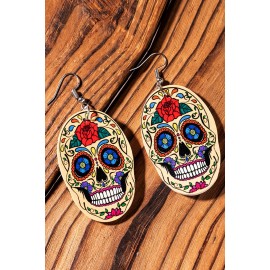Halloween Skull Floral Print PU Leather Earrings