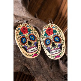 Halloween Skull Floral Print PU Leather Earrings