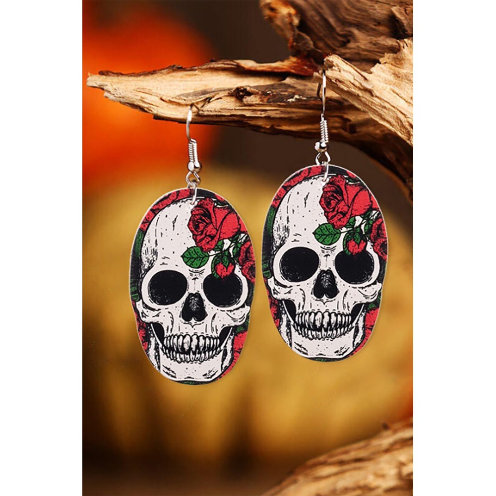 Halloween Skull Floral Print PU Leather Earrings