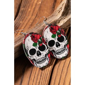 Halloween Skull Floral Print PU Leather Earrings
