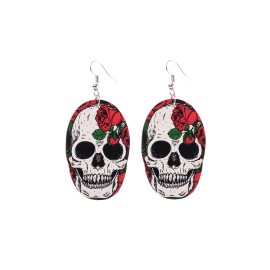 Halloween Skull Floral Print PU Leather Earrings