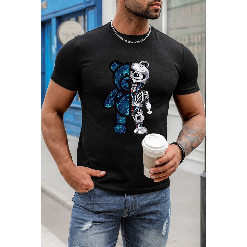 Black Robotic Bear Graphic Print Short Sleeve Men's T-shirt
