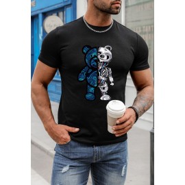 Black Robotic Bear Graphic Print Short Sleeve Men's T-shirt