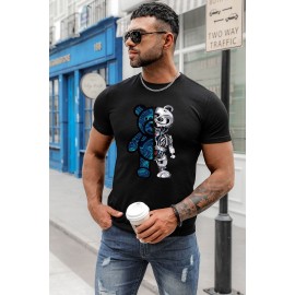 Black Robotic Bear Graphic Print Short Sleeve Men's T-shirt