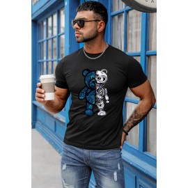 Black Robotic Bear Graphic Print Short Sleeve Men's T-shirt