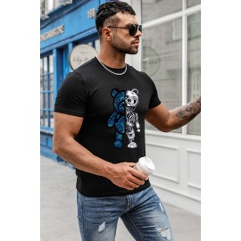 Black Robotic Bear Graphic Print Short Sleeve Men's T-shirt