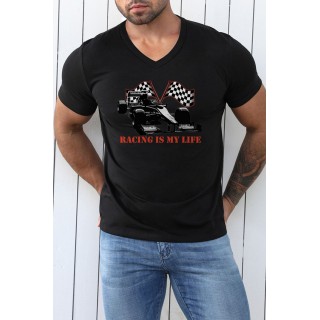 Black Racing Is My Life Graphic Print V Neck Men's T Shirt