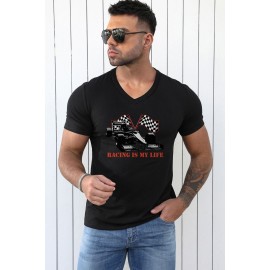Black Racing Is My Life Graphic Print V Neck Men's T Shirt
