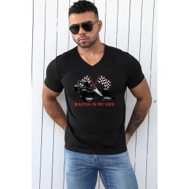 Black Racing Is My Life Graphic Print V Neck Men's T Shirt