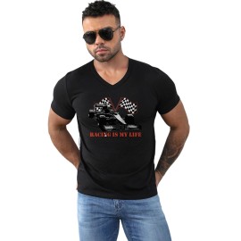 Black Racing Is My Life Graphic Print V Neck Men's T Shirt