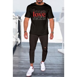 Black Valentine LOVE Letter Print Short Sleeve Men's T-shirt