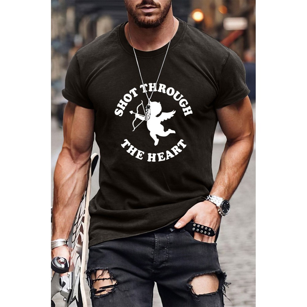 Black Men's Valentine Cupid Letter Print Short Sleeve T-shirt