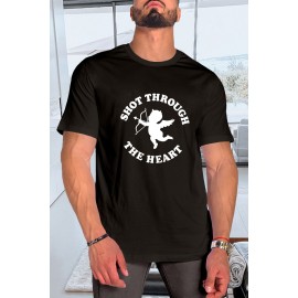 Black Men's Valentine Cupid Letter Print Short Sleeve T-shirt