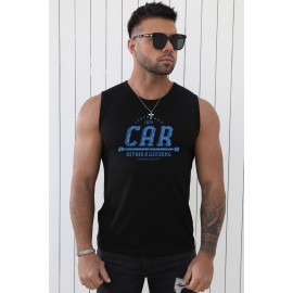 Black CAR Letter Print Crew Neck Men's Tank Top