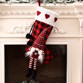 2Pcs Christmas Decoration Stockings Heart Pattern Plush Plaid Xmas Socks Dwarf Gift Socks for Children Festival Party Decor Socks