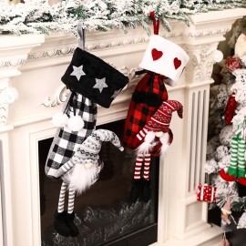 2Pcs Christmas Decoration Stockings Heart Pattern Plush Plaid Xmas Socks Dwarf Gift Socks for Children Festival Party Decor Socks