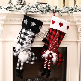 2Pcs Christmas Decoration Stockings Heart Pattern Plush Plaid Xmas Socks Dwarf Gift Socks for Children Festival Party Decor Socks