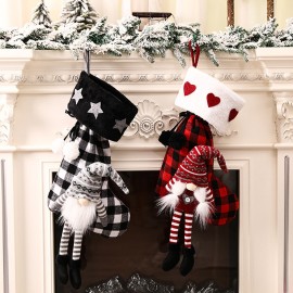 2Pcs Christmas Decoration Stockings Heart Pattern Plush Plaid Xmas Socks Dwarf Gift Socks for Children Festival Party Decor Socks