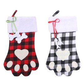 Christmas Stockings Black and White Plaid Dog Paw Stocking Hanging Christmas Tree Gift Bag Candy Bag Christmas Tree Decoration Accessories