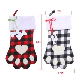 Christmas Stockings Black and White Plaid Dog Paw Stocking Hanging Christmas Tree Gift Bag Candy Bag Christmas Tree Decoration Accessories