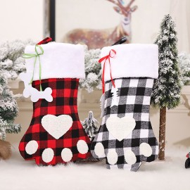 Christmas Stockings Black and White Plaid Dog Paw Stocking Hanging Christmas Tree Gift Bag Candy Bag Christmas Tree Decoration Accessories