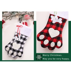 Christmas Stockings Black and White Plaid Dog Paw Stocking Hanging Christmas Tree Gift Bag Candy Bag Christmas Tree Decoration Accessories