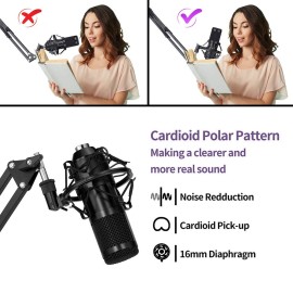 USB 192kHZ/24bit Podcast Recording Microphone Kit Professional Condenser Studio Broadcasting MIC with Stand Plug & Play For Gaming Chatting Speech
