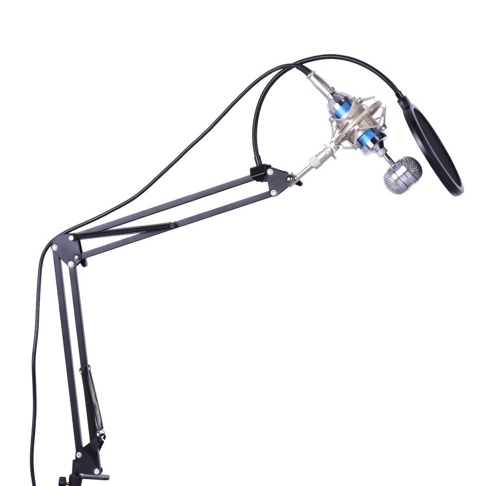 Professional Studio Broadcasting Recording Condenser Microphone Mic Kit Set 3.5mm with Shock Mount Adjustable Suspension Scissor Arm Stand Mounting Clamp Pop Filter