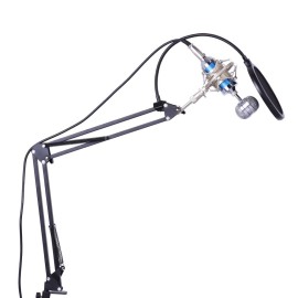 Professional Studio Broadcasting Recording Condenser Microphone Mic Kit Set 3.5mm with Shock Mount Adjustable Suspension Scissor Arm Stand Mounting Clamp Pop Filter