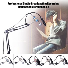 Professional Studio Broadcasting Recording Condenser Microphone Mic Kit Set 3.5mm with Shock Mount Adjustable Suspension Scissor Arm Stand Mounting Clamp Pop Filter