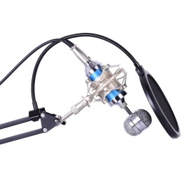 Professional Studio Broadcasting Recording Condenser Microphone Mic Kit Set 3.5mm with Shock Mount Adjustable Suspension Scissor Arm Stand Mounting Clamp Pop Filter