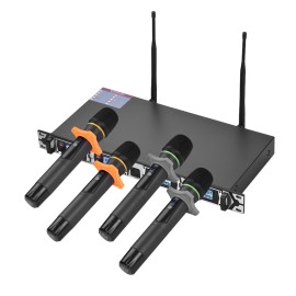 D4 Professional 4-Channel UHF Wireless Microphone System Includes 4 Handheld Mics + 1 Rack-Mount Receiver for Business Meeting Public Speech Classroom KaraokeTeaching