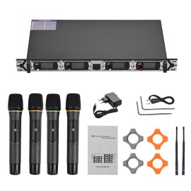 D4 Professional 4-Channel UHF Wireless Microphone System Includes 4 Handheld Mics + 1 Rack-Mount Receiver for Business Meeting Public Speech Classroom KaraokeTeaching