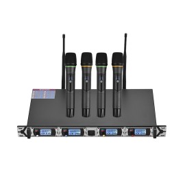 D4 Professional 4-Channel UHF Wireless Microphone System Includes 4 Handheld Mics + 1 Rack-Mount Receiver for Business Meeting Public Speech Classroom KaraokeTeaching
