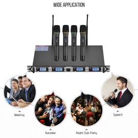 D4 Professional 4-Channel UHF Wireless Microphone System Includes 4 Handheld Mics + 1 Rack-Mount Receiver for Business Meeting Public Speech Classroom KaraokeTeaching