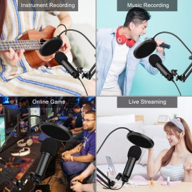 Studio Recording USB Condenser Microphone Mic Kit with Adjustable Suspension Scissor Arm Stand Pop Filter Windscreen USB Cable for Music Recording Online Chatting Singing   Network Broadcast Live Streaming
