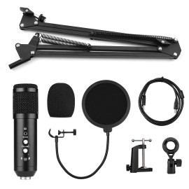 Studio Recording USB Condenser Microphone Mic Kit with Adjustable Suspension Scissor Arm Stand Pop Filter Windscreen USB Cable for Music Recording Online Chatting Singing   Network Broadcast Live Streaming