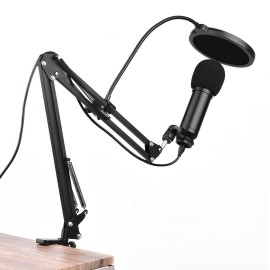 Studio Recording USB Condenser Microphone Mic Kit with Adjustable Suspension Scissor Arm Stand Pop Filter Windscreen USB Cable for Music Recording Online Chatting Singing   Network Broadcast Live Streaming