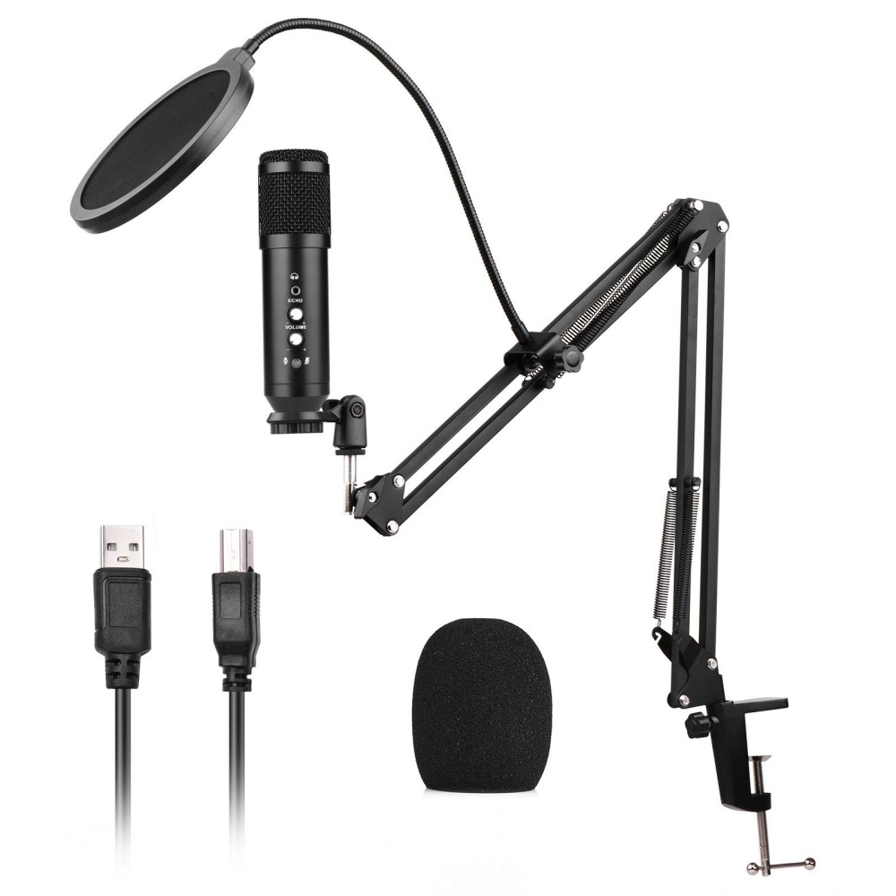 Studio Recording USB Condenser Microphone Mic Kit with Adjustable Suspension Scissor Arm Stand Pop Filter Windscreen USB Cable for Music Recording Online Chatting Singing   Network Broadcast Live Streaming