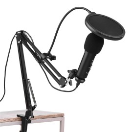Studio Recording USB Condenser Microphone Mic Kit with Adjustable Suspension Scissor Arm Stand Pop Filter Windscreen USB Cable for Music Recording Online Chatting Singing   Network Broadcast Live Streaming