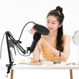 Studio Recording USB Condenser Microphone Mic Kit with Adjustable Suspension Scissor Arm Stand Pop Filter Windscreen USB Cable for Music Recording Online Chatting Singing   Network Broadcast Live Streaming