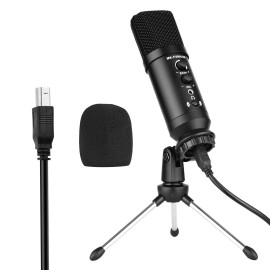 USB Condenser Microphone Computer Mic Kit with Mini Desktop Metal Tripod Stand Windscreen USB Cable for Music Recording Live Streaming Online Singing Meeting Teaching Game