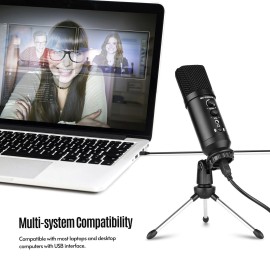 USB Condenser Microphone Computer Mic Kit with Mini Desktop Metal Tripod Stand Windscreen USB Cable for Music Recording Live Streaming Online Singing Meeting Teaching Game