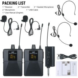 Portable UHF Microphone Set with 1 Receiver 2 Transmitter 2 Mic 2 Headset Mic Rechargeable Receiver Frequency Modulation Suitable for Home Entertainment Speech Live Streaming Video Recording