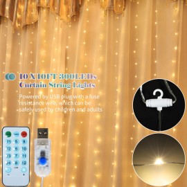 10 X 10FT 300LEDs Curtain String Lights Curtain Fairy Lights Copper Wire Waterfall Lights with 4 Music & 8 Lighting Modes Remote Control for Wedding Party Home Christmas Decorative Hanging Lights