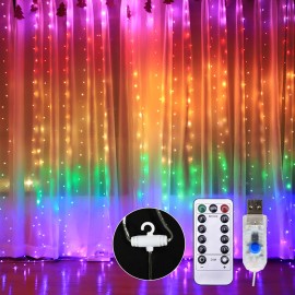 10 X 9FT 280LEDs Rainbow Curtain String Lights Colorful Curtain Fairy Lights Christmas Decorative Hanging Lights Copper Wire Waterfall Lights with 8 Modes Remote Control for Wedding Party Home