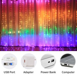 10 X 9FT 280LEDs Rainbow Curtain String Lights Colorful Curtain Fairy Lights Christmas Decorative Hanging Lights Copper Wire Waterfall Lights with 8 Modes Remote Control for Wedding Party Home