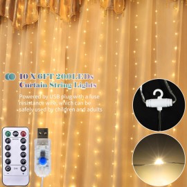 10 X 6FT 200LEDs Curtain String Lights Curtain Fairy Lights Christmas Decorative Hanging Lights Copper Wire Waterfall Lights with 8 Lights Modes Remote Control for Wedding Party Home
