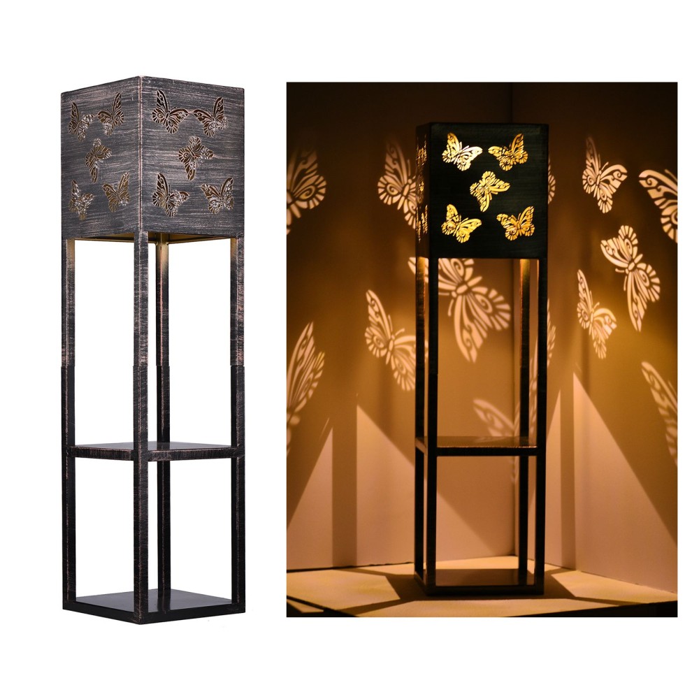 Outdoor Solar Floor Lamp with Shelves 2-Layer Metal Shelf Standing Light with Decoration Patterns for Patio Balcony Courtyard Hallway Garden